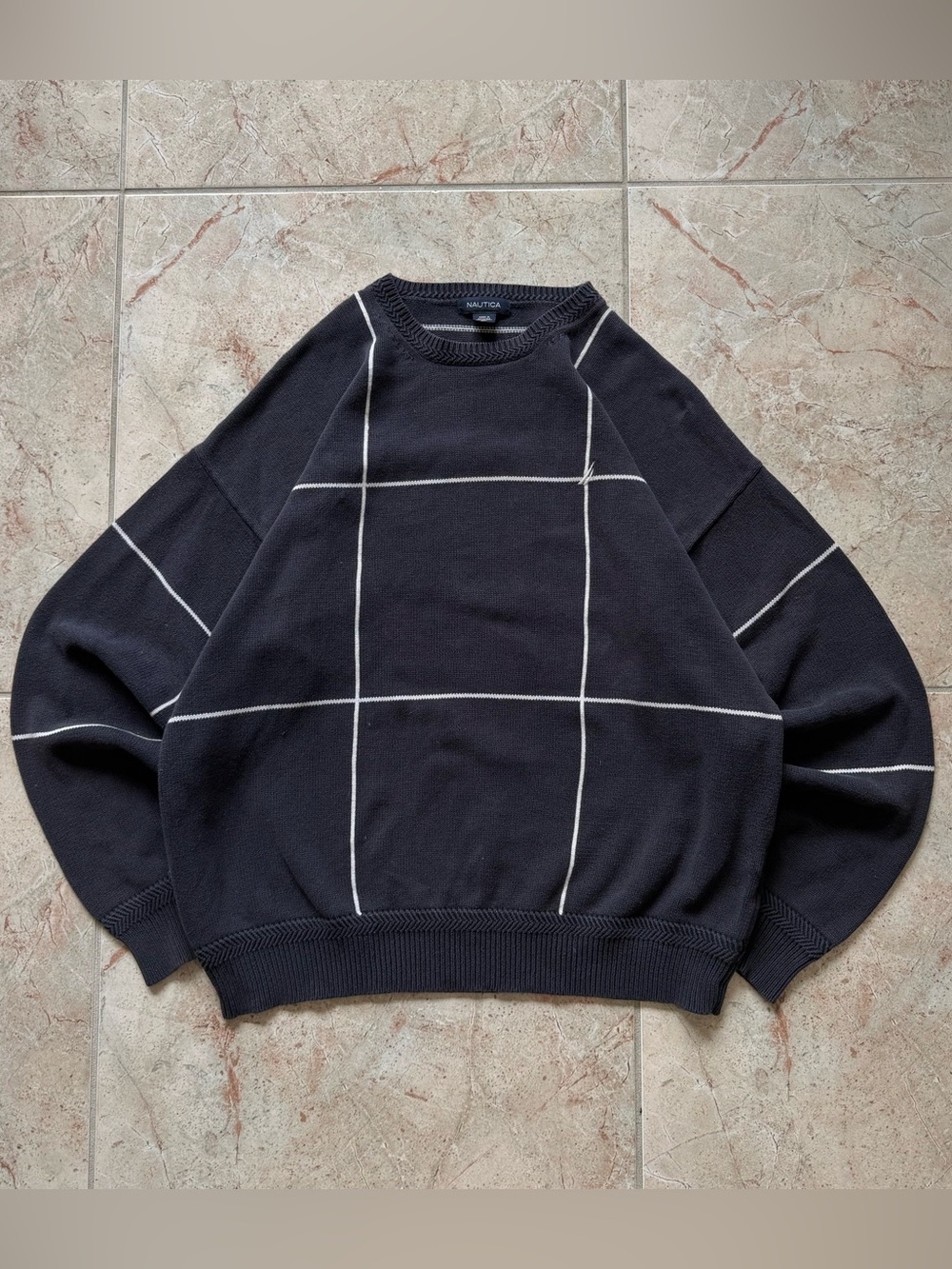 Vintage Nautica Dark Navy 100% Cotton Grid Sweater Size XL